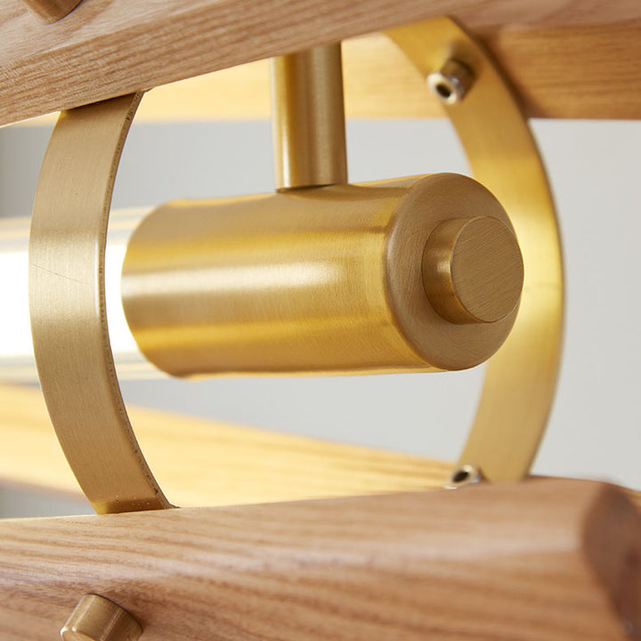 Lámpara colgante lineal LED para isla de estilo japonés tradicional, de columna larga tipo tronco, en madera de fresno y latón, para comedor 