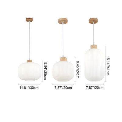 Japanese Minimalist Striped Glass Oval Jar Solid Wood 1-Light Pendant Light