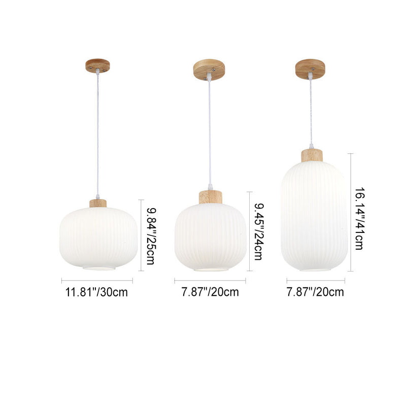 Japanese Minimalist Striped Glass Oval Jar Solid Wood 1-Light Pendant Light