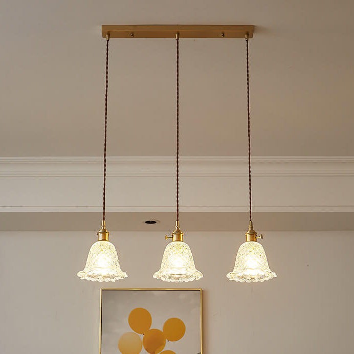 Contemporary Nordic Textured Copper Glass Flowers 1/3 Light Island Light Chandelier For Living Room