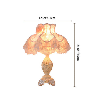 Traditional French Floral Lace Vase Base Resin Fabric 1-Light Table Lamp For Bedroom