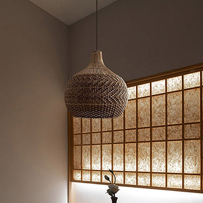 Contemporary Boho Rattan Weaving Cage 1-Light Pendant Light For Dining Room