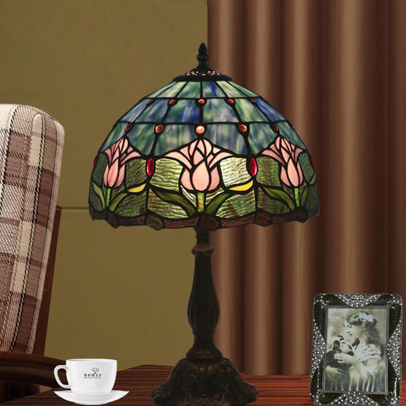 European Vintage Tulip Stained Glass Dome 1-Light Table Lamp
