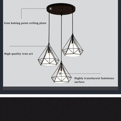 Wrought Iron Openwork 3-Light Diamond Shade Pendant Light 2 Design