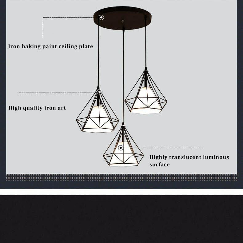 Wrought Iron Openwork 3-Light Diamond Shade Pendant Light 2 Design