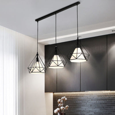 Wrought Iron Openwork 3-Light Diamond Shade Pendant Light 2 Design