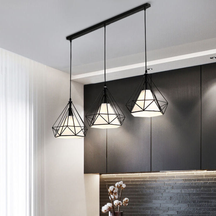 Wrought Iron Openwork 3-Light Diamond Shade Pendant Light 2 Design