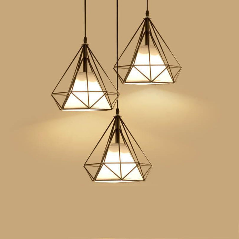 Wrought Iron Openwork 3-Light Diamond Shade Pendant Light 2 Design