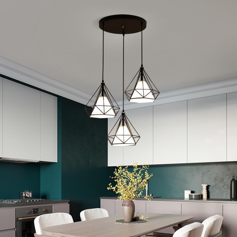 Wrought Iron Openwork 3-Light Diamond Shade Pendant Light 2 Design