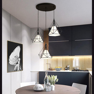 Wrought Iron Openwork 3-Light Diamond Shade Pendant Light 2 Design