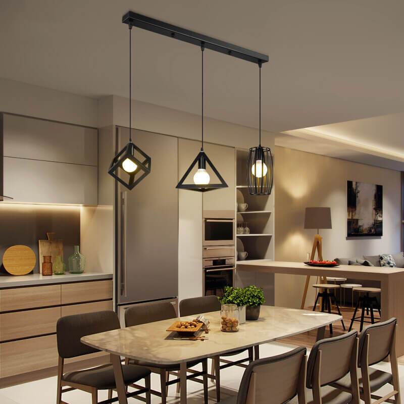 Lámpara de araña industrial geométrica contemporánea de hierro de 3 luces para comedor 