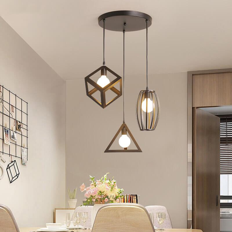 Lámpara de araña industrial geométrica contemporánea de hierro de 3 luces para comedor 