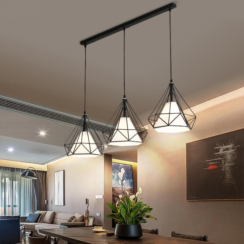 Wrought Iron Openwork 3-Light Diamond Shade Pendant Light 2 Design