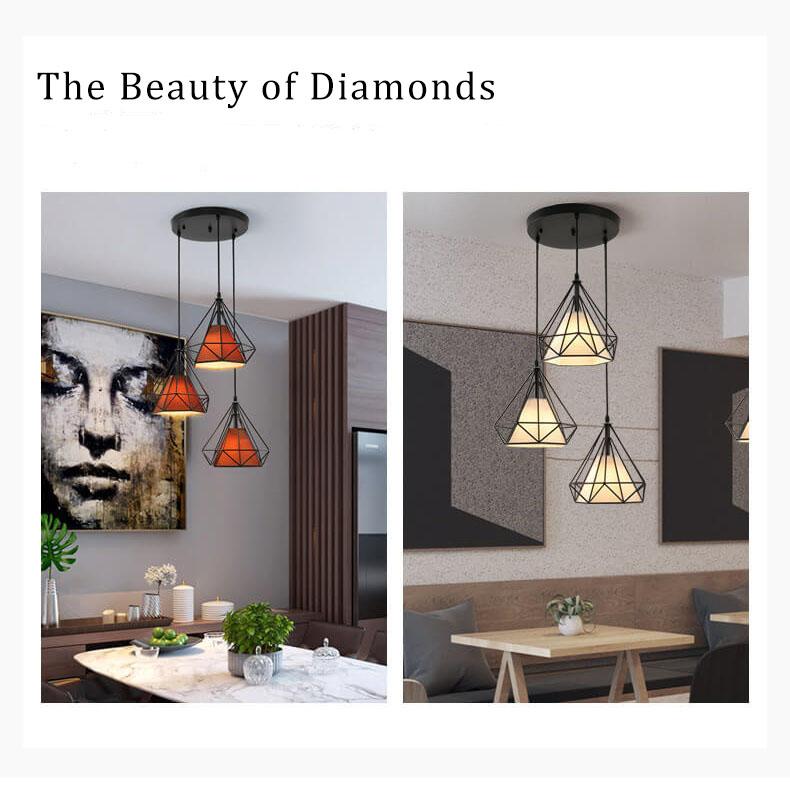 Wrought Iron Openwork 3-Light Diamond Shade Pendant Light 2 Design