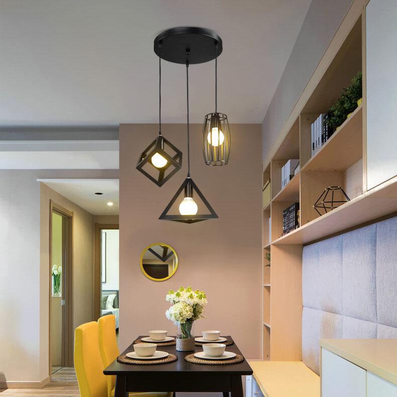 Lámpara de araña industrial geométrica contemporánea de hierro de 3 luces para comedor 