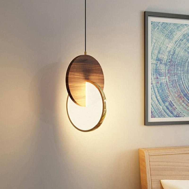 Modern Walnut Solid Wood Round Dish 1-Light LED Pendant Light