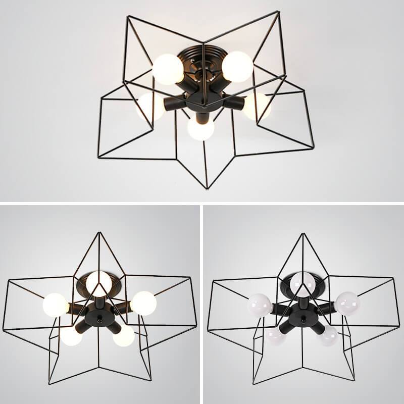 Wrought Iron 5-Light Pentagram Shaped Semi-Flush Mount Lighting