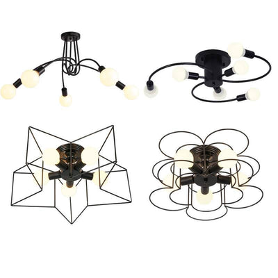 Wrought Iron 5-Light Pentagram Shaped Semi-Flush Mount Lighting
