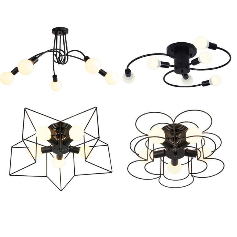 Wrought Iron 5-Light Pentagram Shaped Semi-Flush Mount Lighting