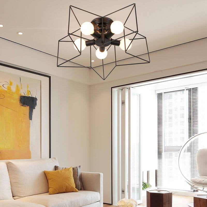Wrought Iron 5-Light Pentagram Shaped Semi-Flush Mount Lighting