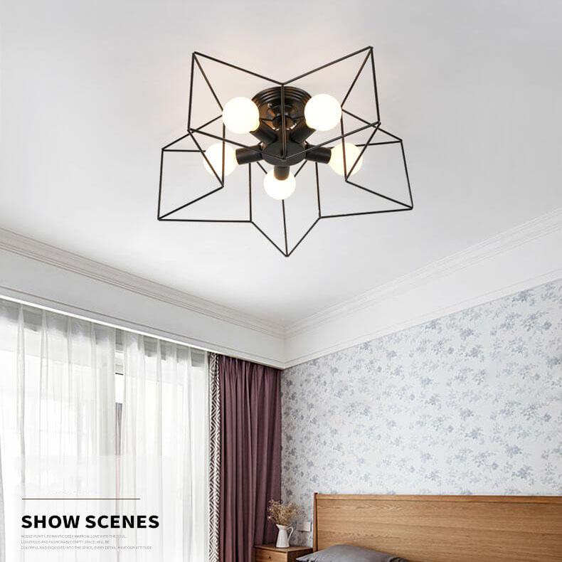 Wrought Iron 5-Light Pentagram Shaped Semi-Flush Mount Lighting