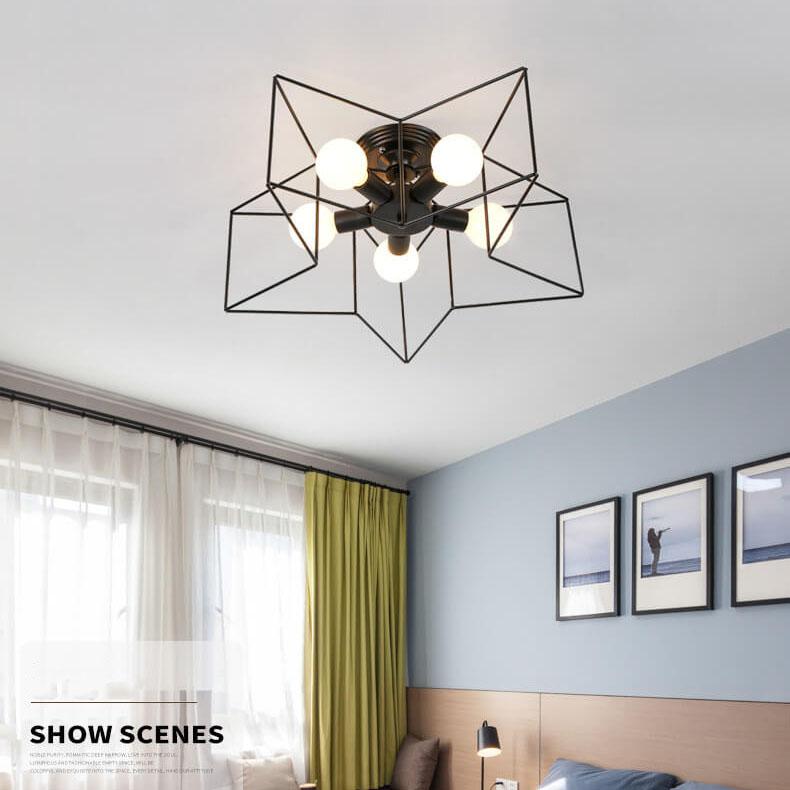 Wrought Iron 5-Light Pentagram Shaped Semi-Flush Mount Lighting