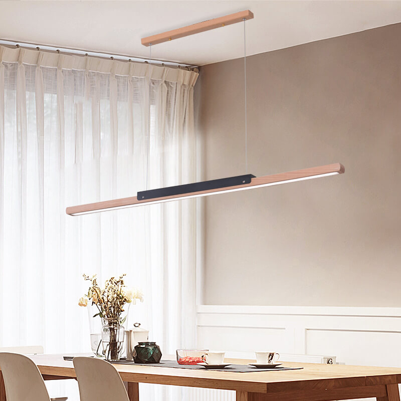 Moderno colgante minimalista de 1 luz LED lineal larga de madera maciza 