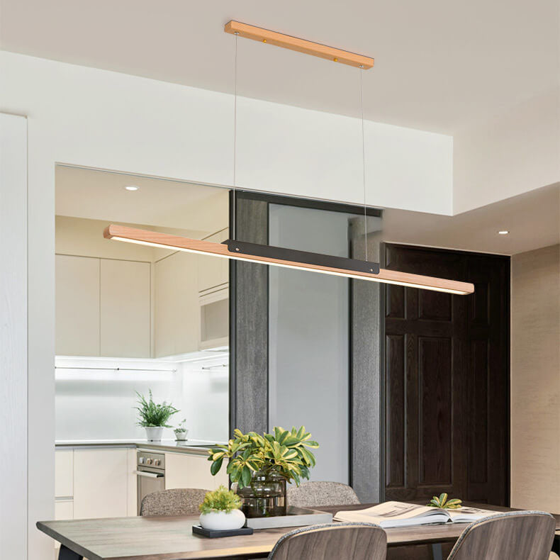 Moderno colgante minimalista de 1 luz LED lineal larga de madera maciza 
