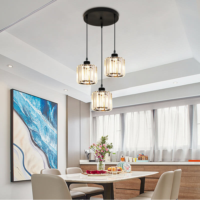Moderner luxuriöser runder Kronleuchter aus Eisen und Kristall mit 3-flammigem zylindrischem Glasdesign für das Wohnzimmer 