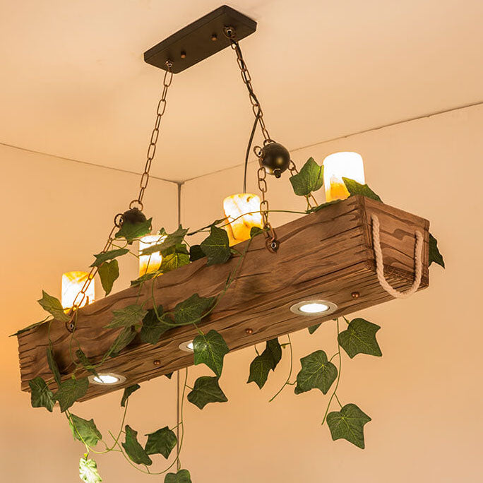 Traditional Vintage Faux Marble Pine Wood Iron Cylinder 7-Light Plants Chandeliers For Dining Room