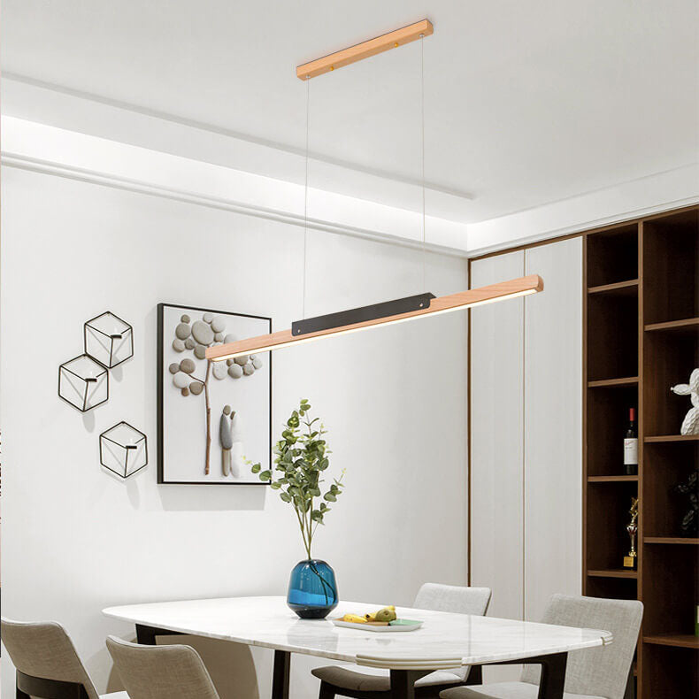 Moderno colgante minimalista de 1 luz LED lineal larga de madera maciza 