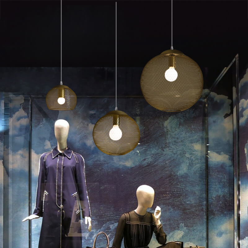 Suspension Luminaire Globe 1 Lumière en Maille de Fer Dorée Industrielle 
