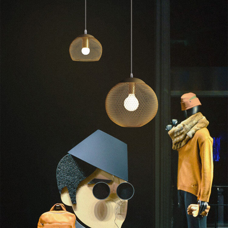 Suspension Luminaire Globe 1 Lumière en Maille de Fer Dorée Industrielle 