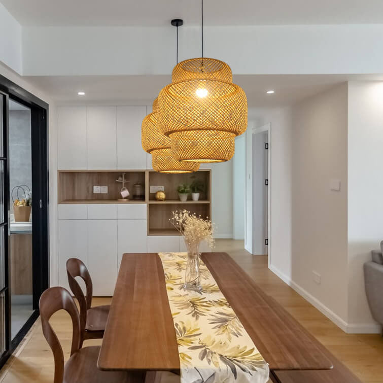 Modern Tiered Bamboo Weaving 1-Light Cylinder Pendant Light