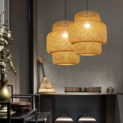 Modern Tiered Bamboo Weaving 1-Light Cylinder Pendant Light