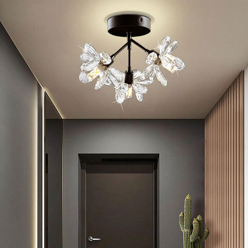 Modern Light Luxury Crystal Flower Design 3-Light Semi-Flush Mount Light