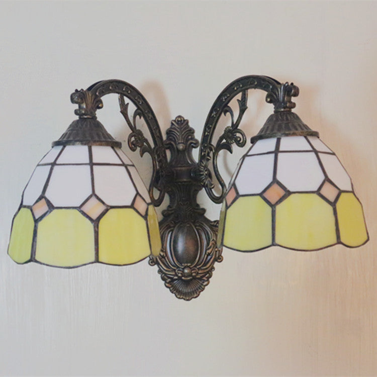 Vintage Tiffany Dome Stained Glass 2-Light Wall Sconce Lamp