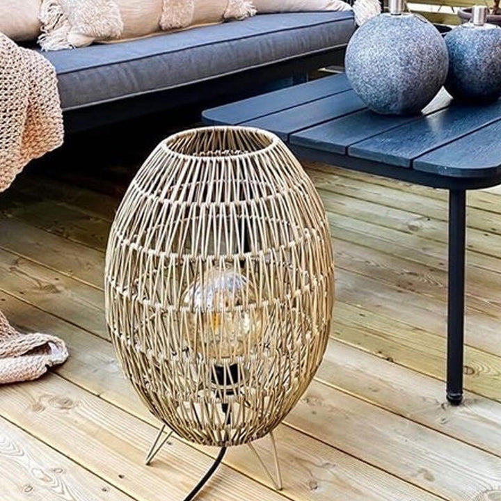 Lampe de sol imperméable à 1 lumière pour patio extérieur de forme ronde en rotin japonais moderne 