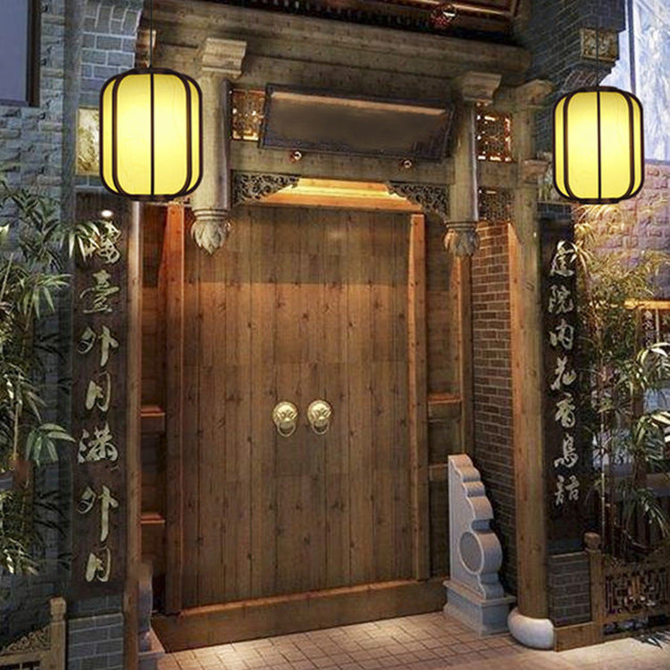 Traditional Chinese Faux Sheepskin Wooden Lantern Round 1-Light Pendant Light for Living Room