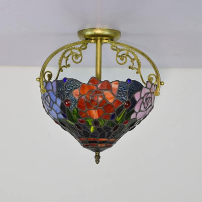 Tiffany European Stained Glass Rose Design 2-Light Semi-Flush Mount Light