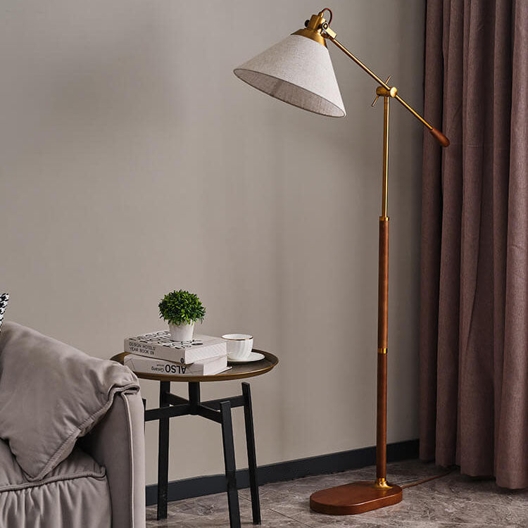 Traditional Vintage Fabric Cone Metal Ash Wood 1-Light Standing Floor Lamp For Bedroom