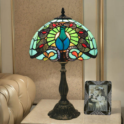 Lampe de table à 1 lumière en verre teinté paon vert Tiffany européen 