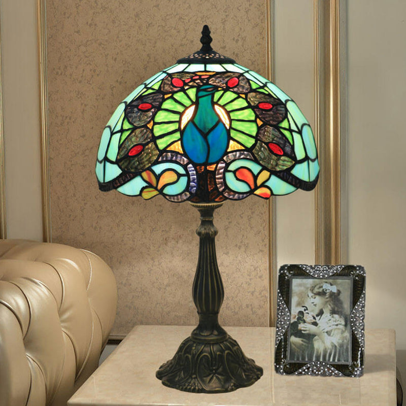 Europäische Tiffany Green Peacock Buntglas 1-Licht-Tischlampe