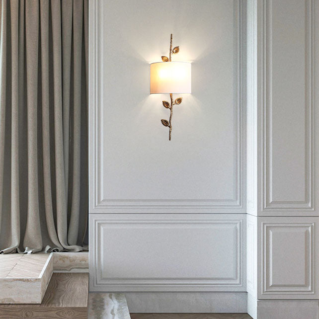 Modern Luxury Copper Branch Leaf Fabric 2-Light Wall Sconce Lamp For Living Room