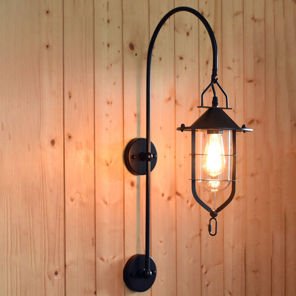 Contemporary Industrial Iron Glass Cage Curved Arm 1-Light Wall Sconce Lamp For Living Room &amp; Bedroom