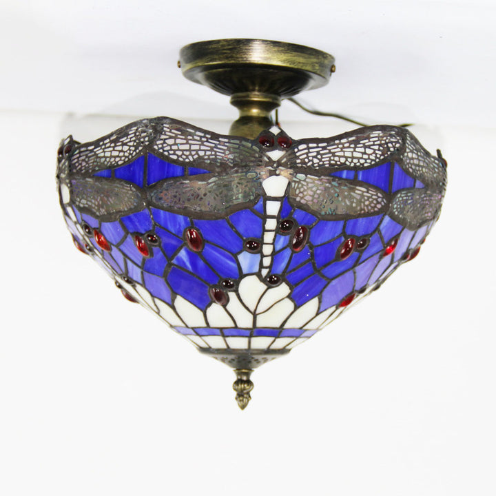 Traditional Tiffany Purple Dragonfly Iron Stained Glass 1-Light Semi-Flush Mount Ceiling Light For Living Room