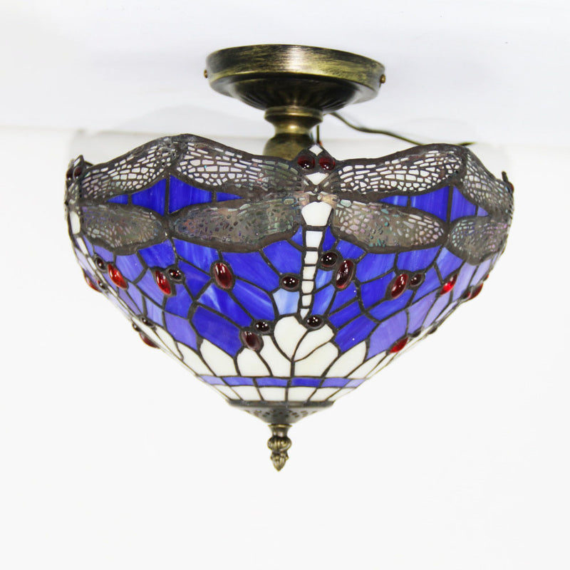 European Tiffany Purple Dragonfly Stained Glass 1-Light Semi-Flush Mount Ceiling Light