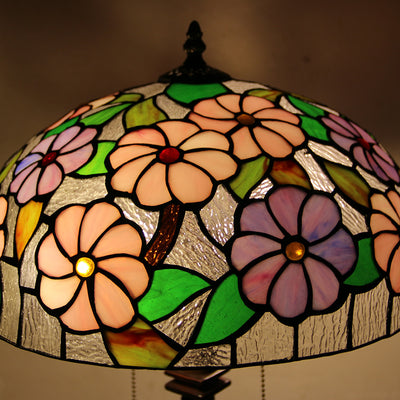 Tiffany-Tischlampe mit zweiflammiger Kuppel aus Buntglas mit Blumenmuster 