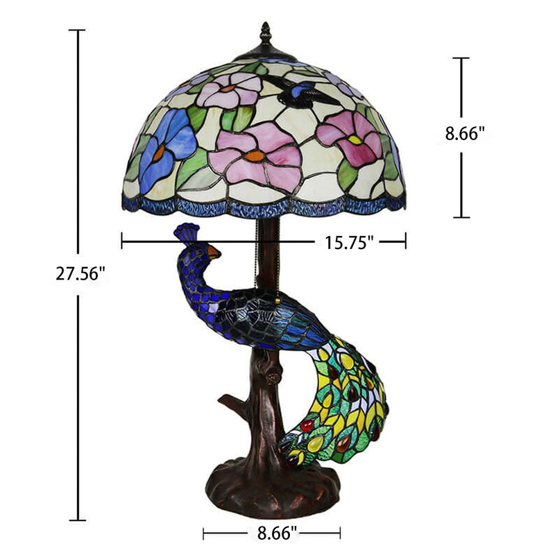 Tiffany Classical Flower Stained Glass Peacock Base 3-Light Table Lamp