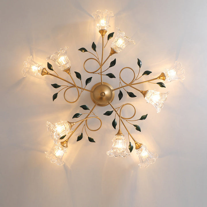 Traditional European Floral Iron Glass 6/8/10 Light Semi-Flush Mount Ceiling Light For Bedroom